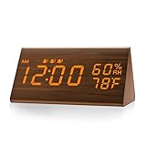 JALL Digital Alarm Clock, with Wooden Electronic LED Time Display, 3 Alarm Settings, Humidity & Temperature Detect, Wood Made Electric Clocks for Bedroom, Bedside (Brown)