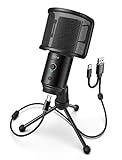 FIFINE USB Desktop PC Microphone with Pop Filter for Computer and Mac, Studio Condenser Mic with Gain Knob Mute Button Headphone Jack for Gaming Streaming Recording YouTube, Extra USB-C Plug-K683A