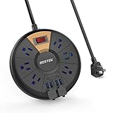 BESTEK Travel Power Strip, 6Ft Extension Cord with 4 USB Ports and 6-Outlet (13A 125V), Surge Protector Power Strip for Dorm Room, Bedside, 220J, Black