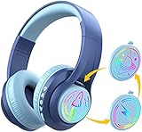 iClever TransNova Kids Bluetooth Headphones, LED Lights Up, Replaceable Plate, 74/85/94dB Volume Limited, 45H Playtime, Stereo Sound, Kids Headphones Wireless with Case for Travel iPad Tablet, Blue