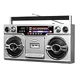 Victrola 1980s Retro Bluetooth Boombox with Cassette Player and AM/FM Radio, Wired and Wireless Streaming, Classic 80s Style with Modern Technology, Silver
