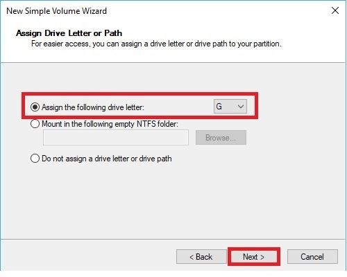 new simple volume assign drive path