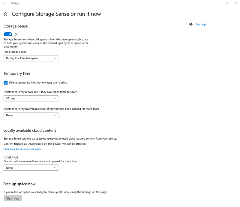 configure storage sense win 10