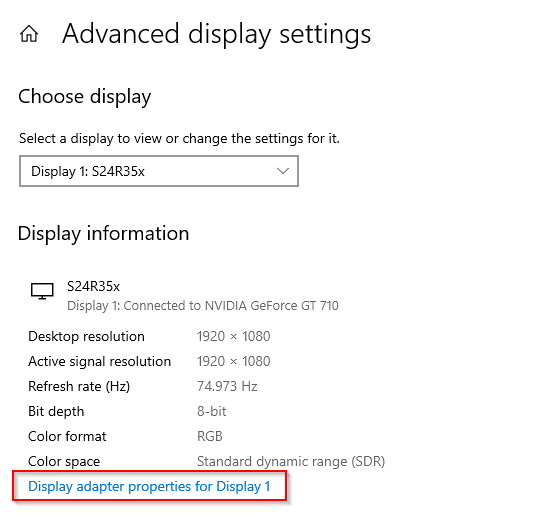 display adapter properties for display
