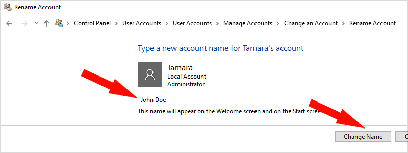 how to change account name on windows 10 6
