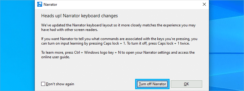 how to turn off narrator on windows 10 b