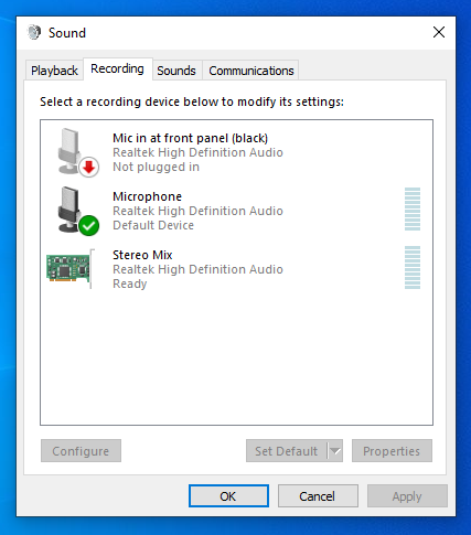 sound recording settings