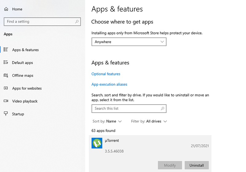 windows 10 apps and features