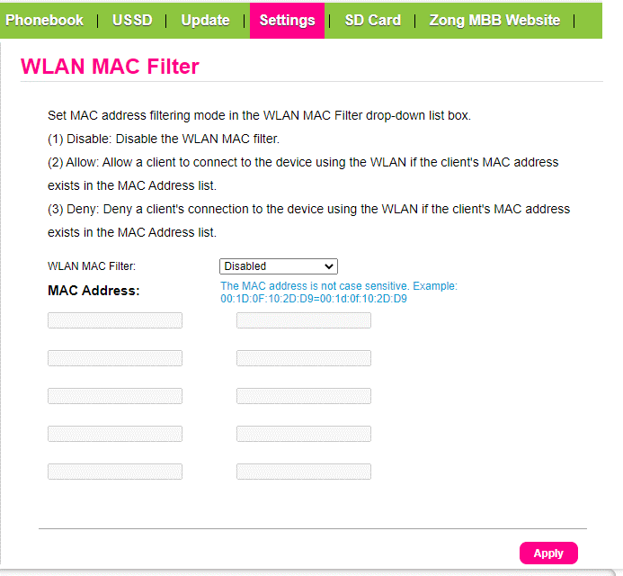 wlan mac filter